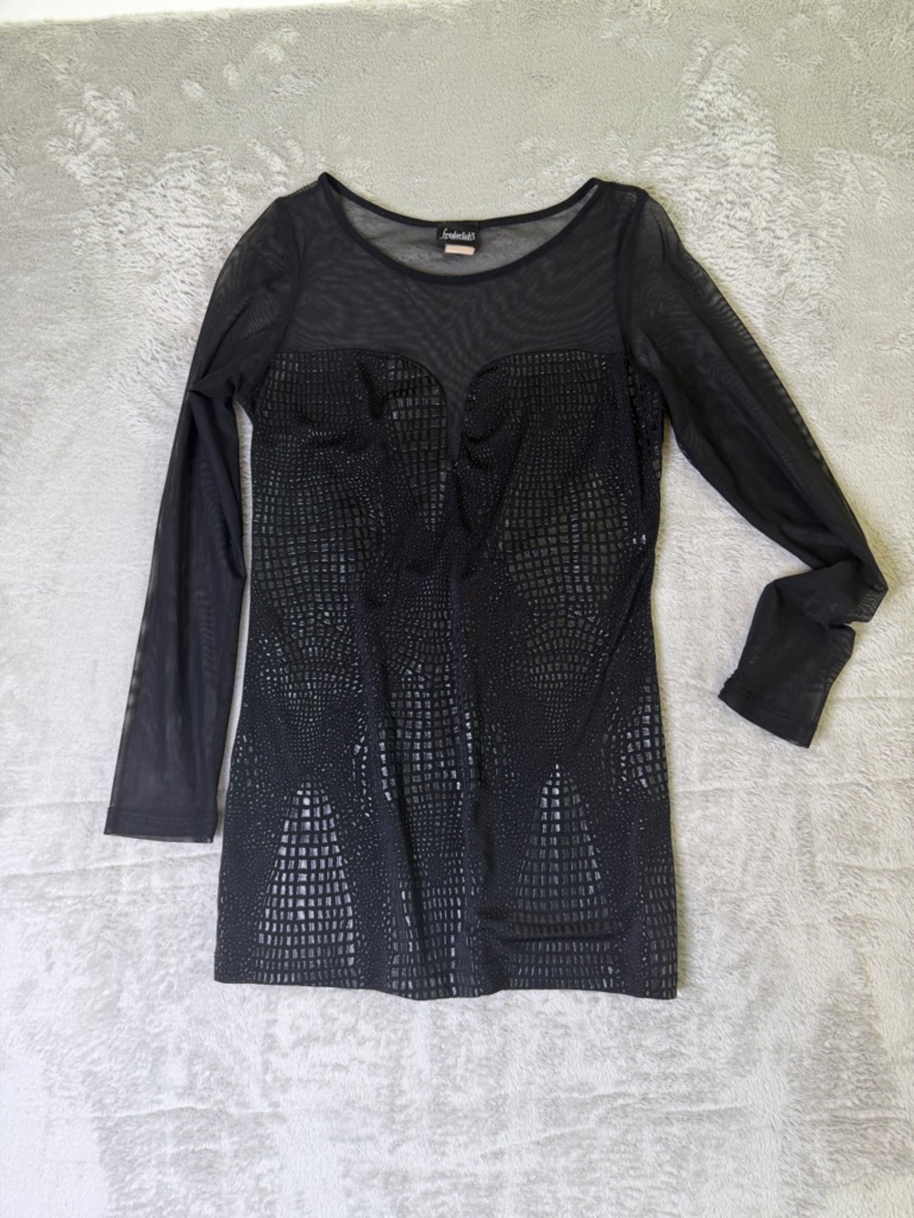 Vintage Fredericks Of Golywood Black Long-Sleeve Mesh Bodycon Top L Y2K